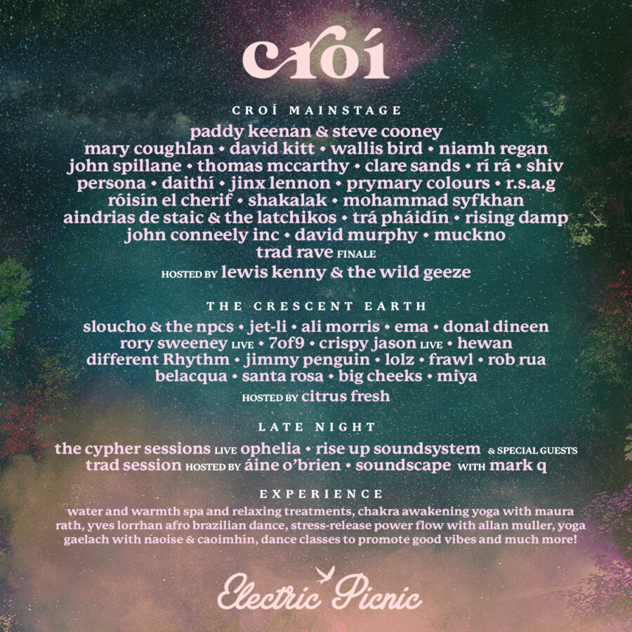 music line up for the croi stage with trees and a starry night sky